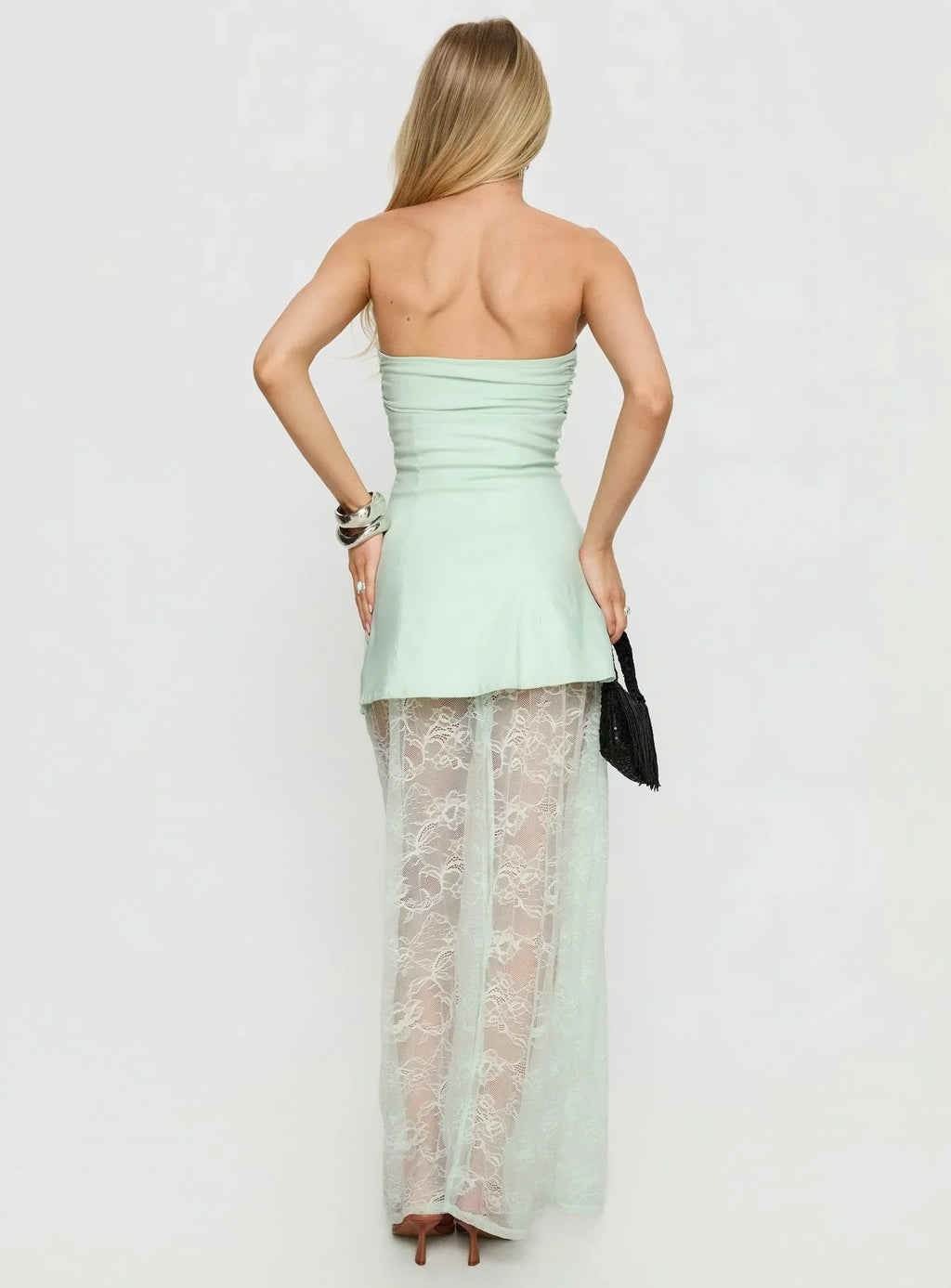 Aleda Sheer Lace Detail Strapless Maxi Dress Sage