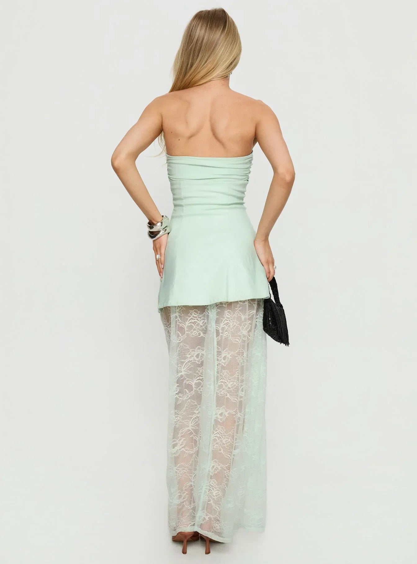 Aleda Sheer Lace Detail Strapless Maxi Dress Sage