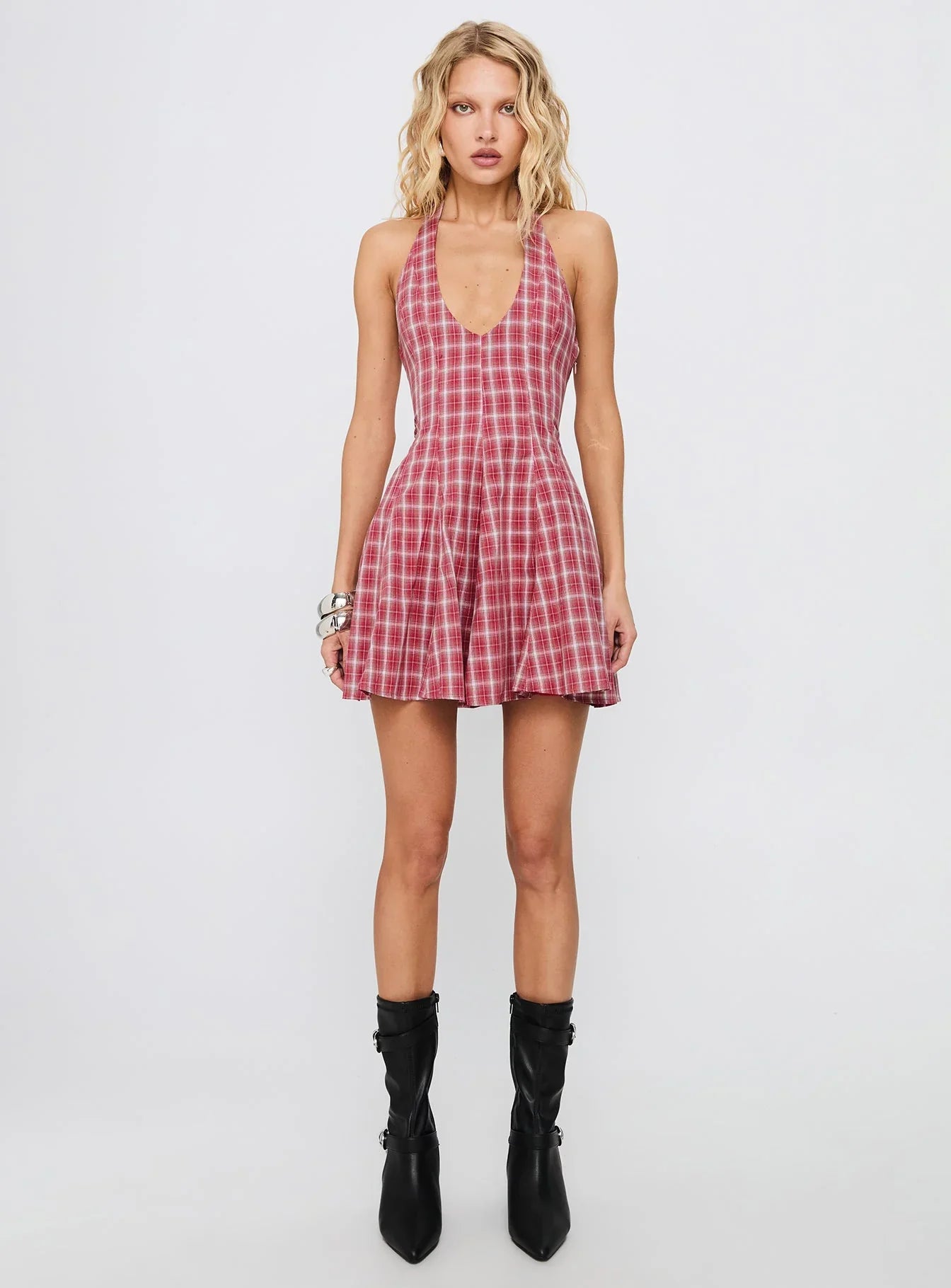 Out Of Nowhere Halter Mini Dress Red Check