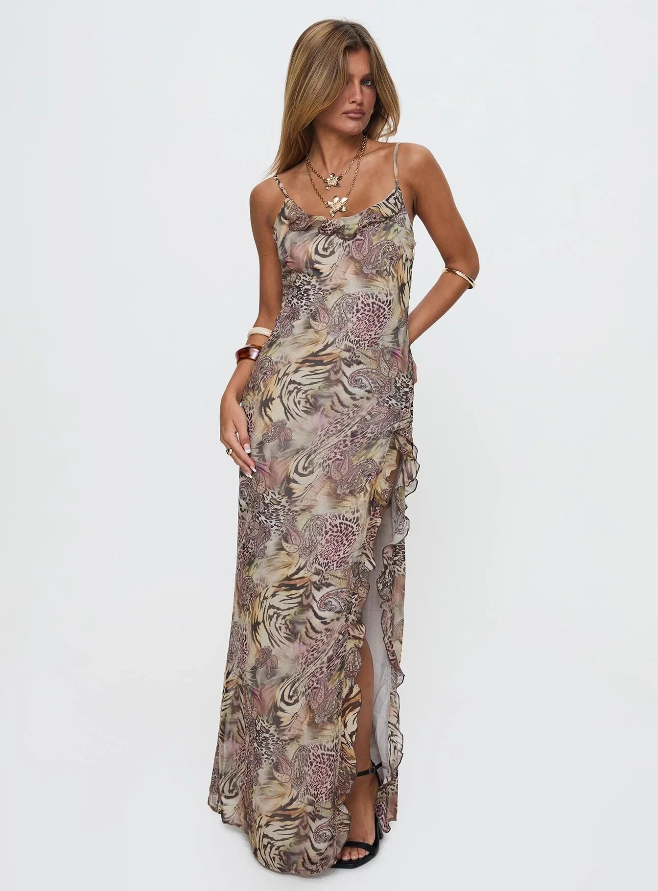 Sympathize Frill Split Maxi Dress Multi
