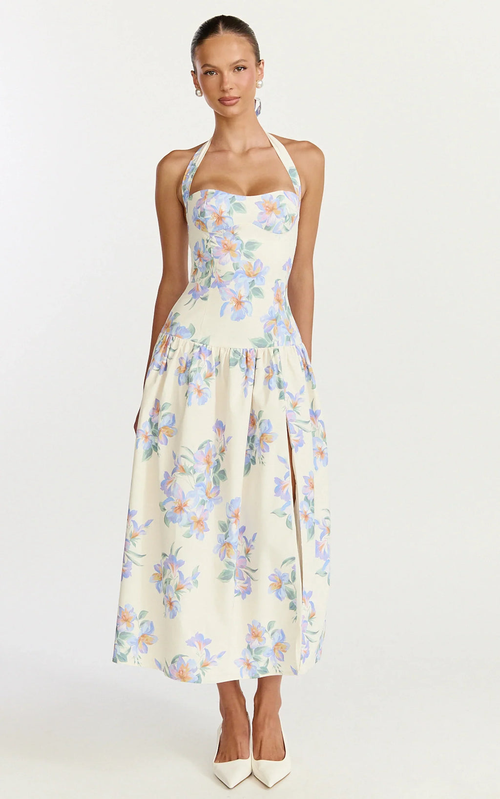 Astra Midi Dress - Halter Neck Drop Waist Dress in Astra Posey Floral Print