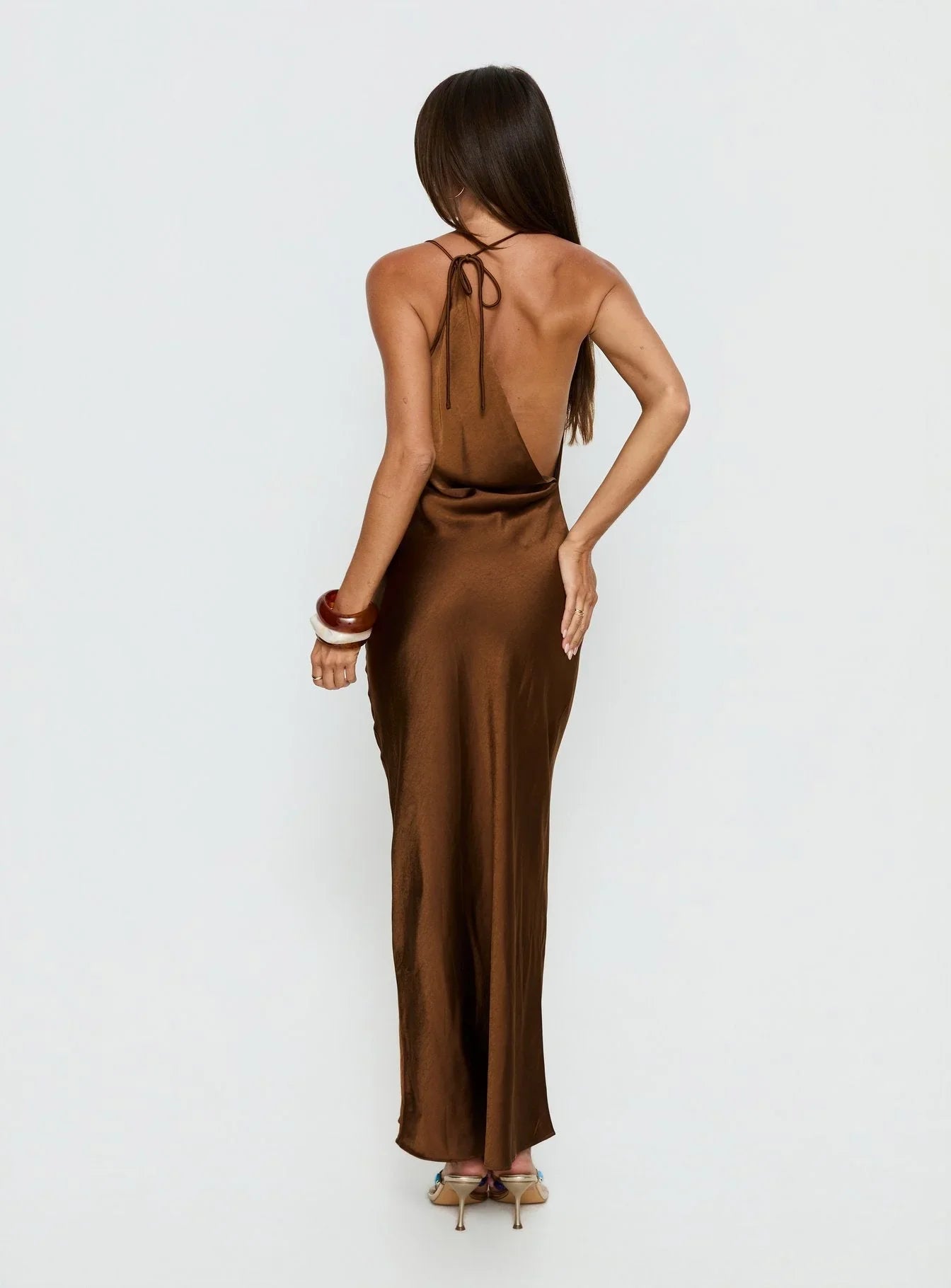 Anjelina Halter Plunge Maxi Dress Chocolate Brown