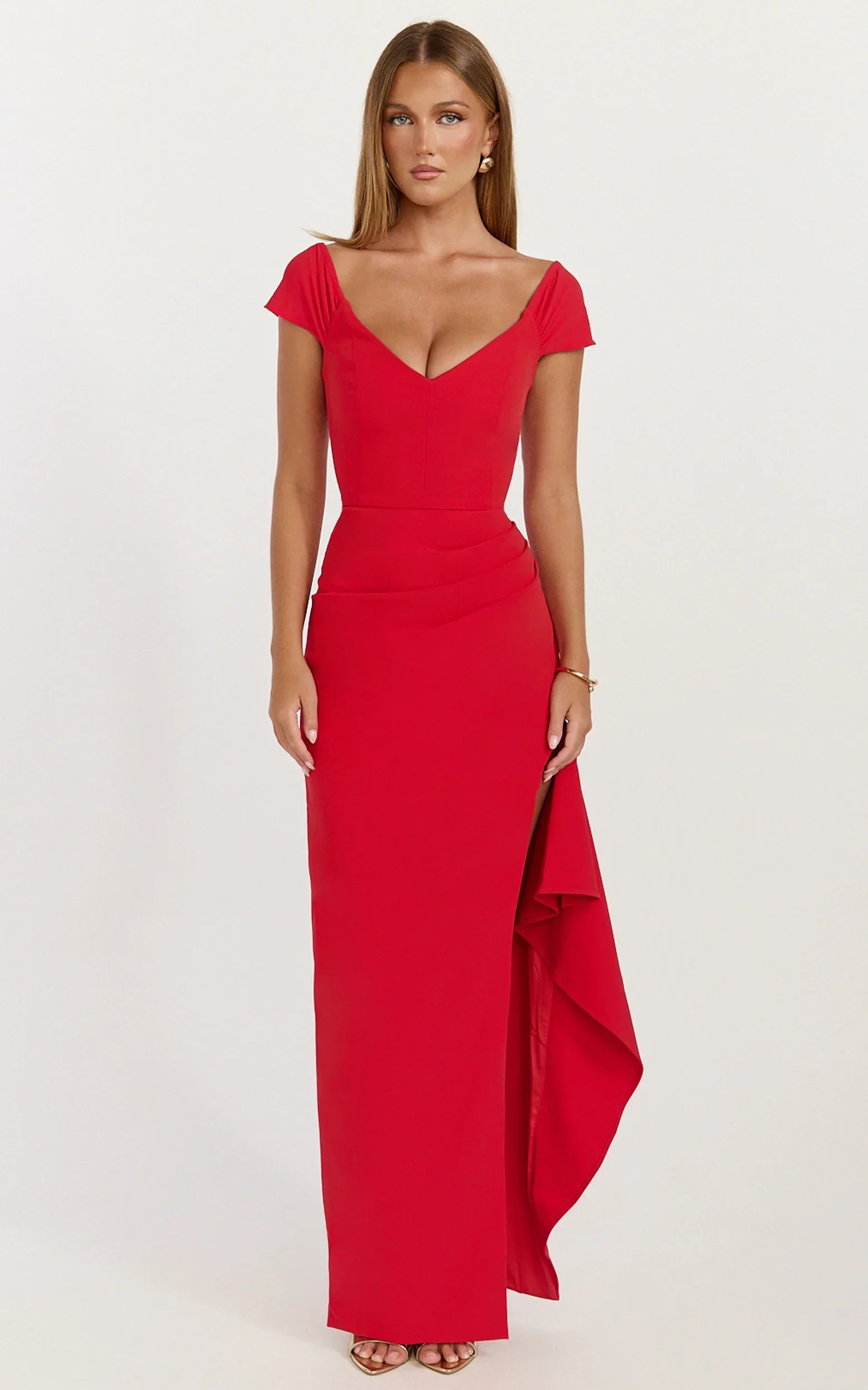 Skye Maxi Dress - V Shaped Neckline Short Sleeve Dress in Red