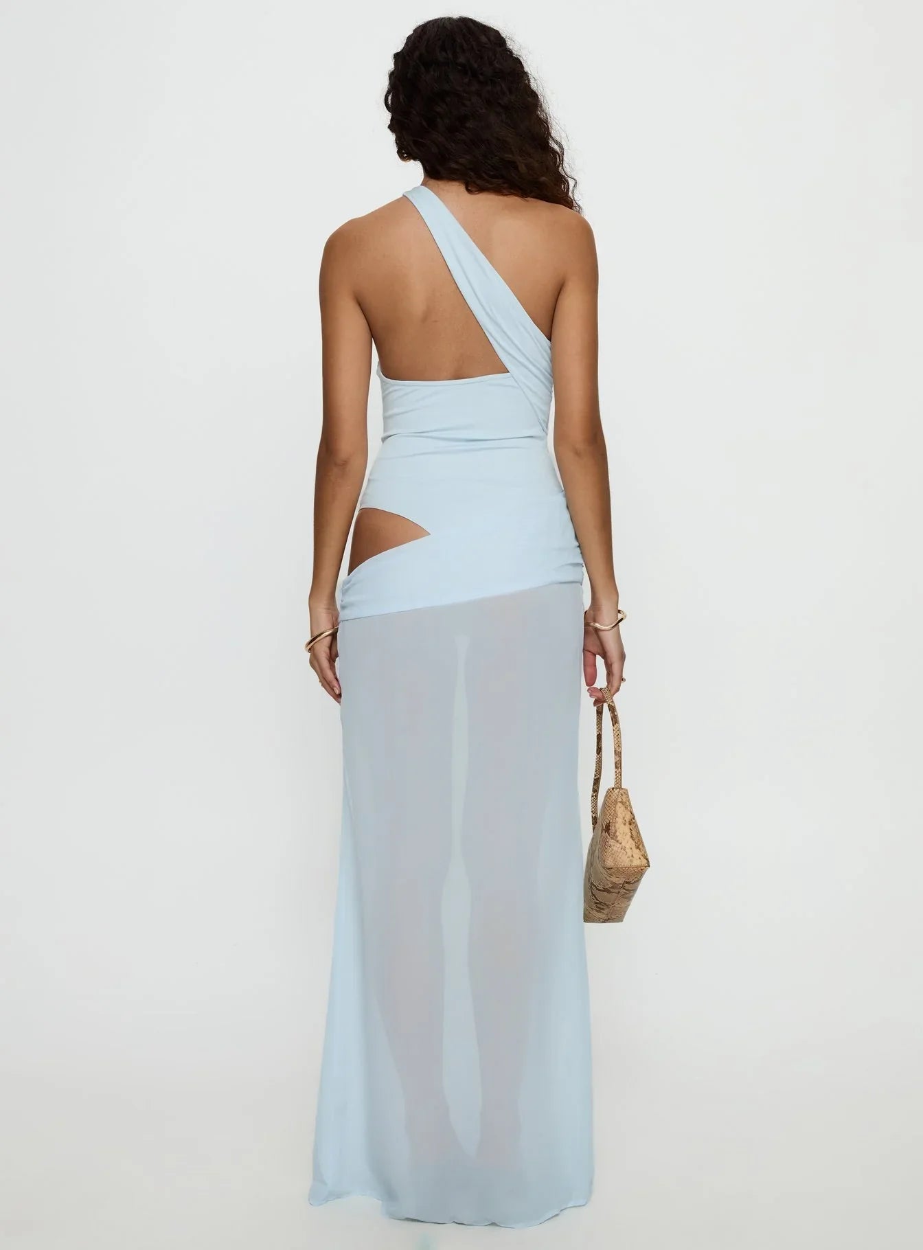 Jewelle One Shoulder Sheer Maxi Dress Blue