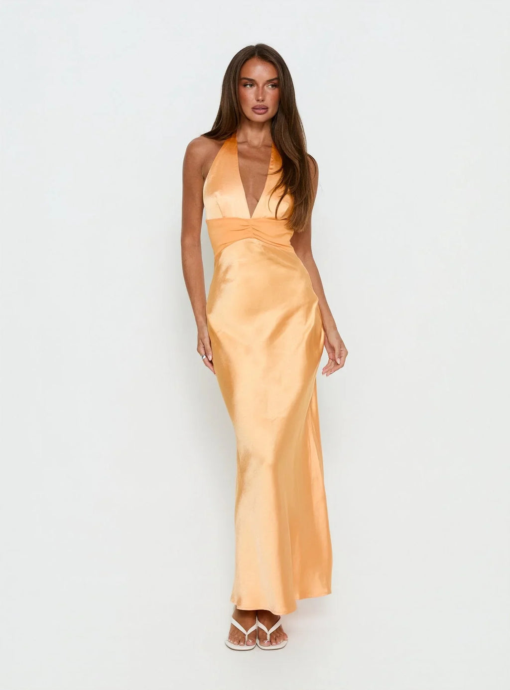 Sazenna Halter Plunge Maxi Dress Orange