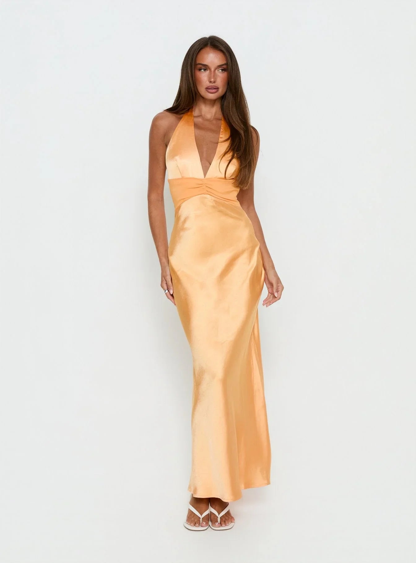 Sazenna Halter Plunge Maxi Dress Orange