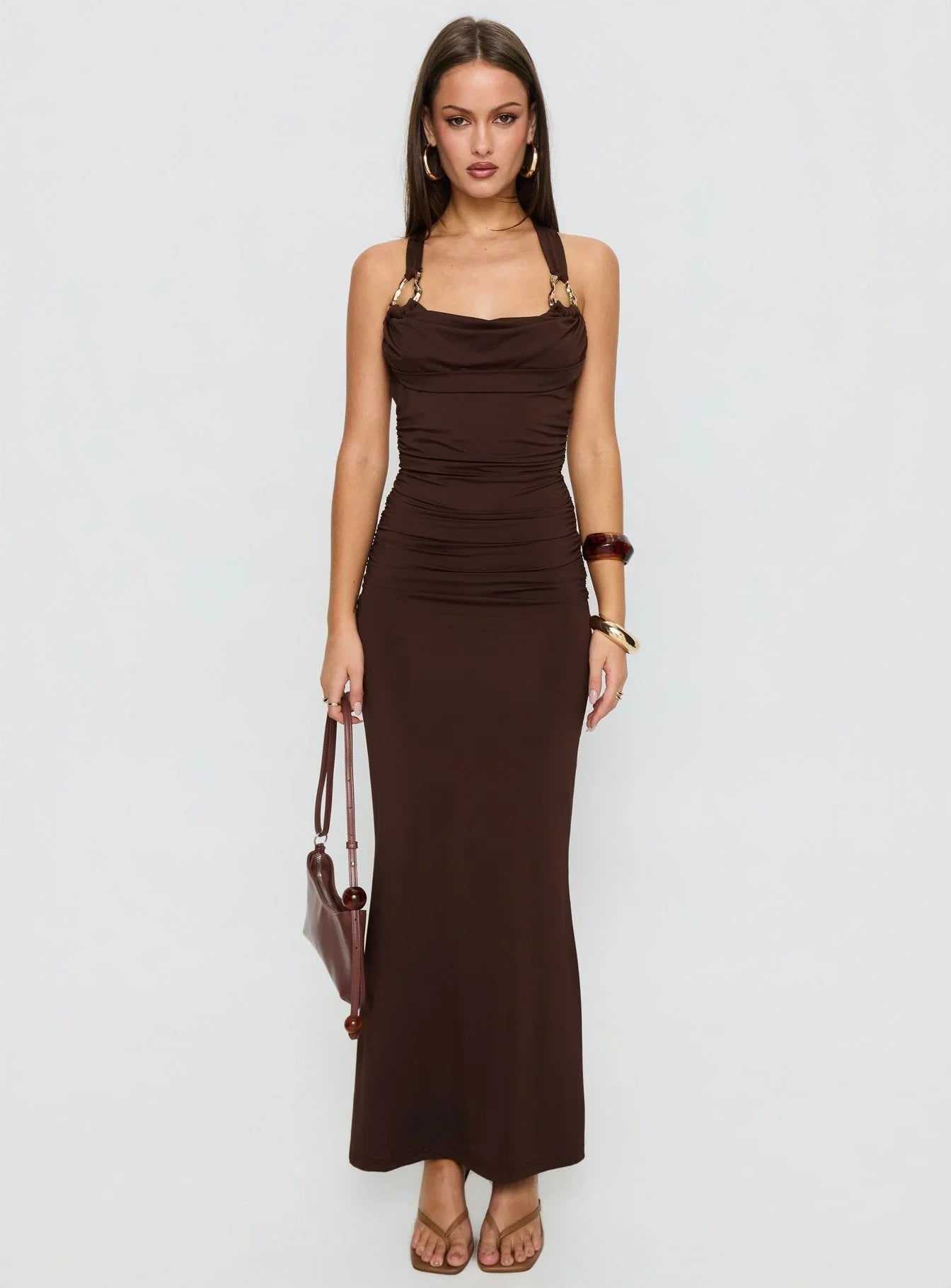 Josefa Ruched Hardware Maxi Dress Chocolate