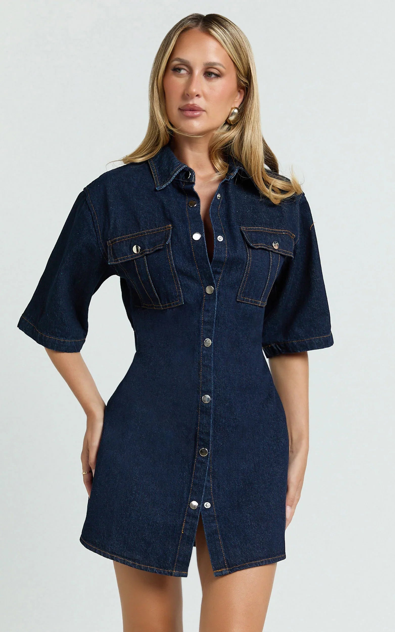 Leilani Mini Dress - Denim Short Sleeve Button Up Dress with Gold Hardware in Indigo Denim