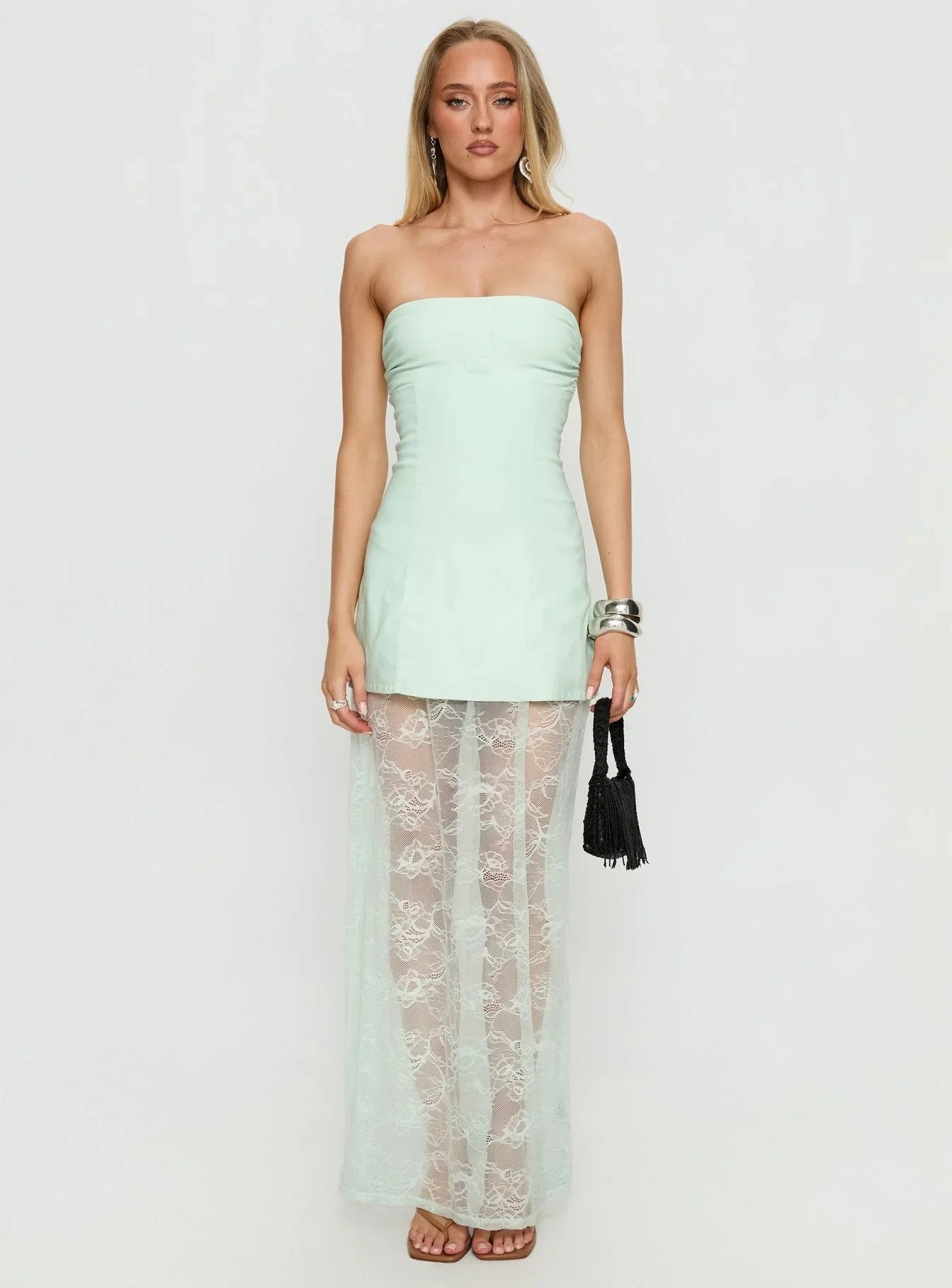 Aleda Sheer Lace Detail Strapless Maxi Dress Sage