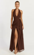 Eva Maxi Dress - Plunge Halter Wrap Dress in Chocolate