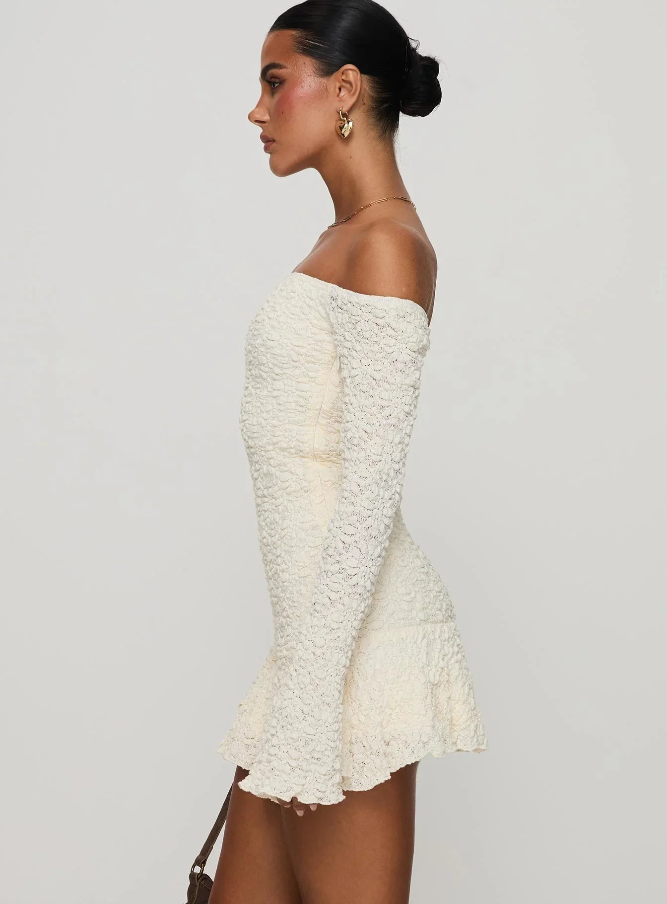 Vancesca Off Shoulder Long Sleeve Mini Dress Cream