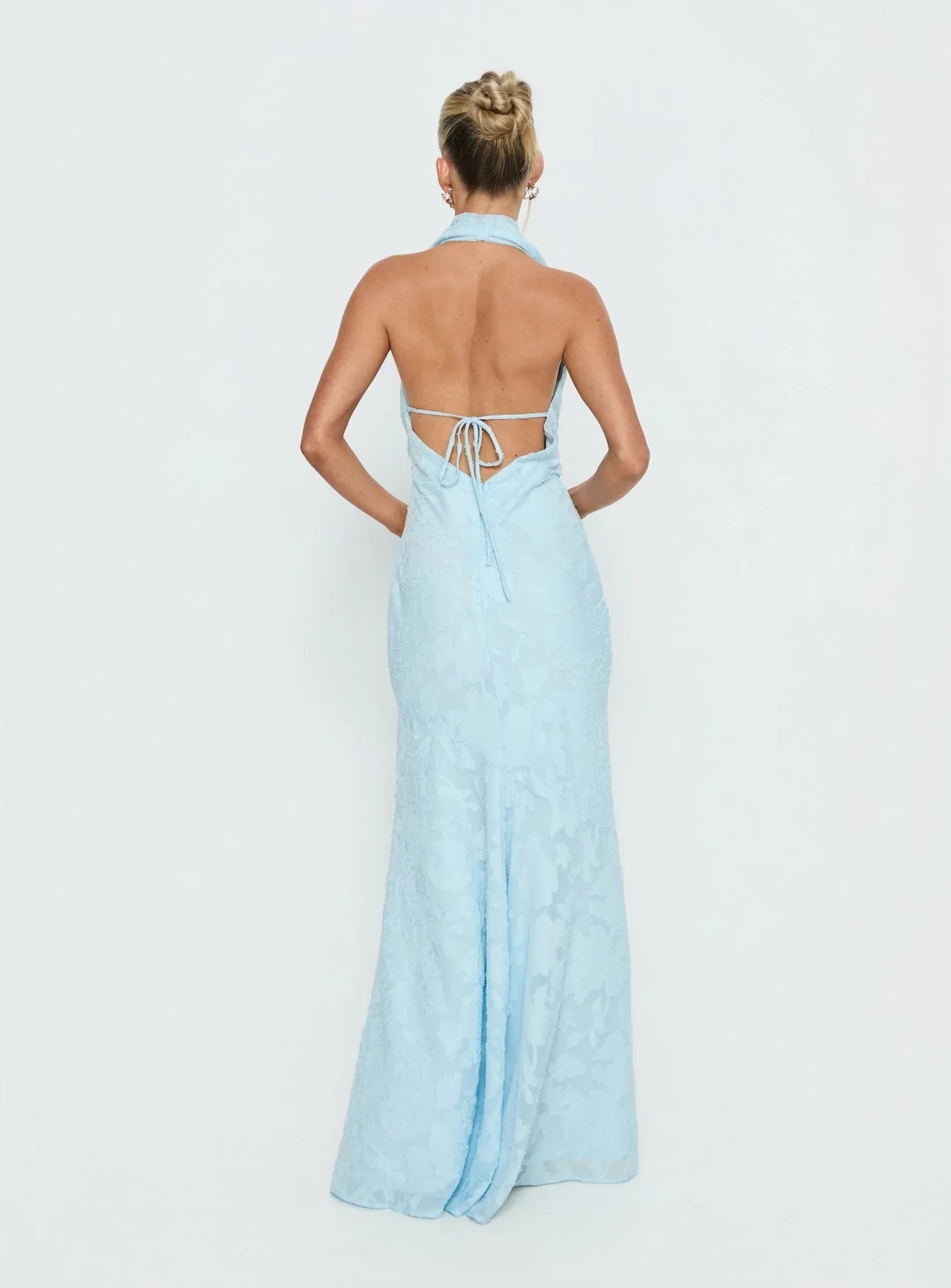Invisible String Cowl Plunge Backless Maxi Dress Light Blue